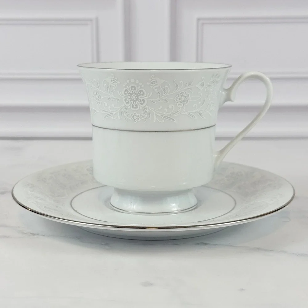 VTG Crown Ming Queens Lace Porcelain Footed Teacup and Saucer
